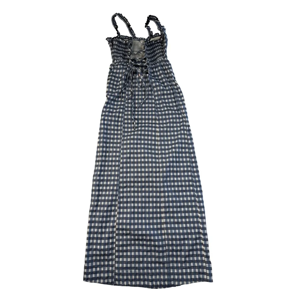 Free People Gingham Lace Up Back Midi Dress Blue White Small